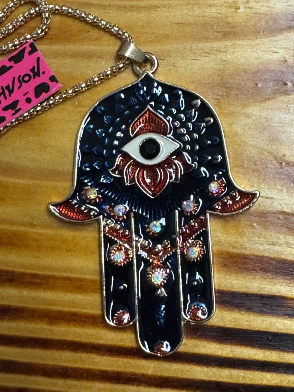 Betsey Johnson Hamsa Hand Pendant Necklace Gold Plated wt Black Enamel